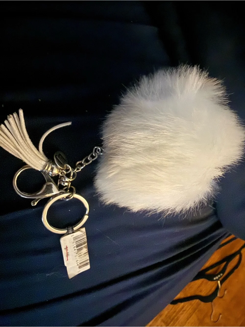 White Faux Fur Pom Pom Keychain with Tassel Accent